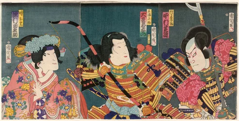 Actors Nakamura Shikan IV as Sasaki Tozaburo, Otani Tomoemon V as Miuranosuke, and Sawamura Tanosuke III as Toki-hime